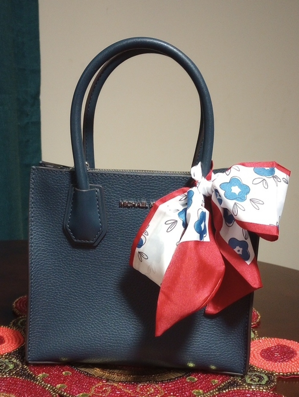 New Leather Satchel with Red-Trim Floral Scarf